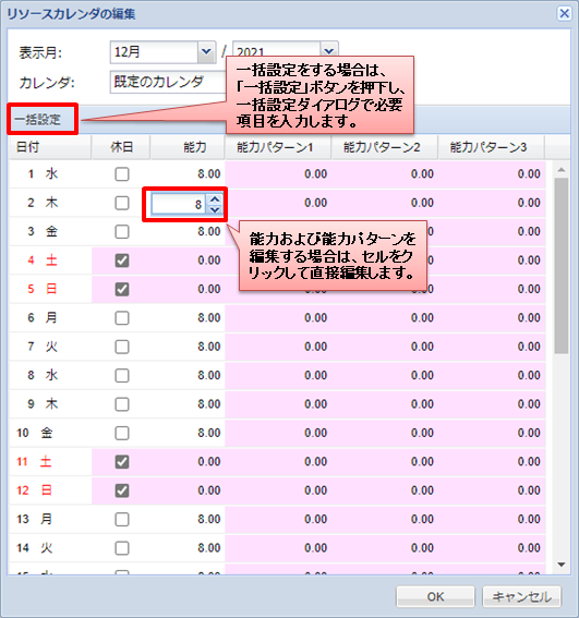 リソースカレンダの編集