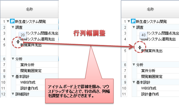 行や列幅の調整（アイテムボード）