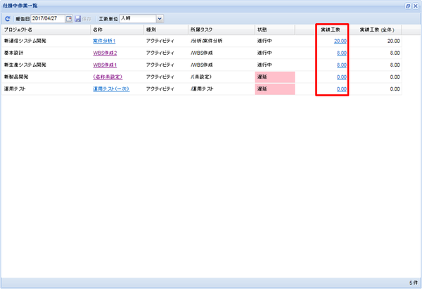 仕掛中作業一覧（実績工数）